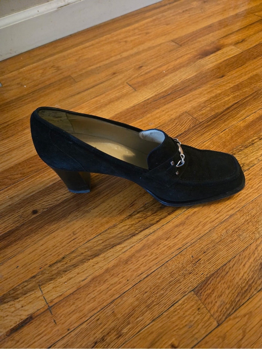Black Suede Mid Heel Loafer with Chain Accent made in spain